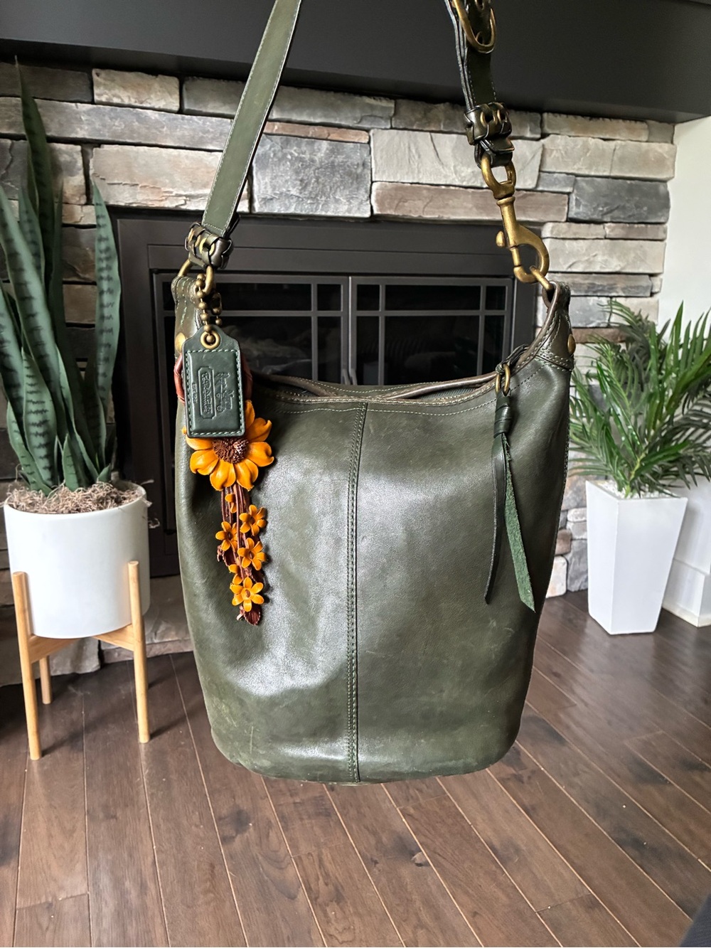 Coach Bleecker Bottle Green XL Leather Duffle Bucket Bag, Tattersall, Y2K 11423